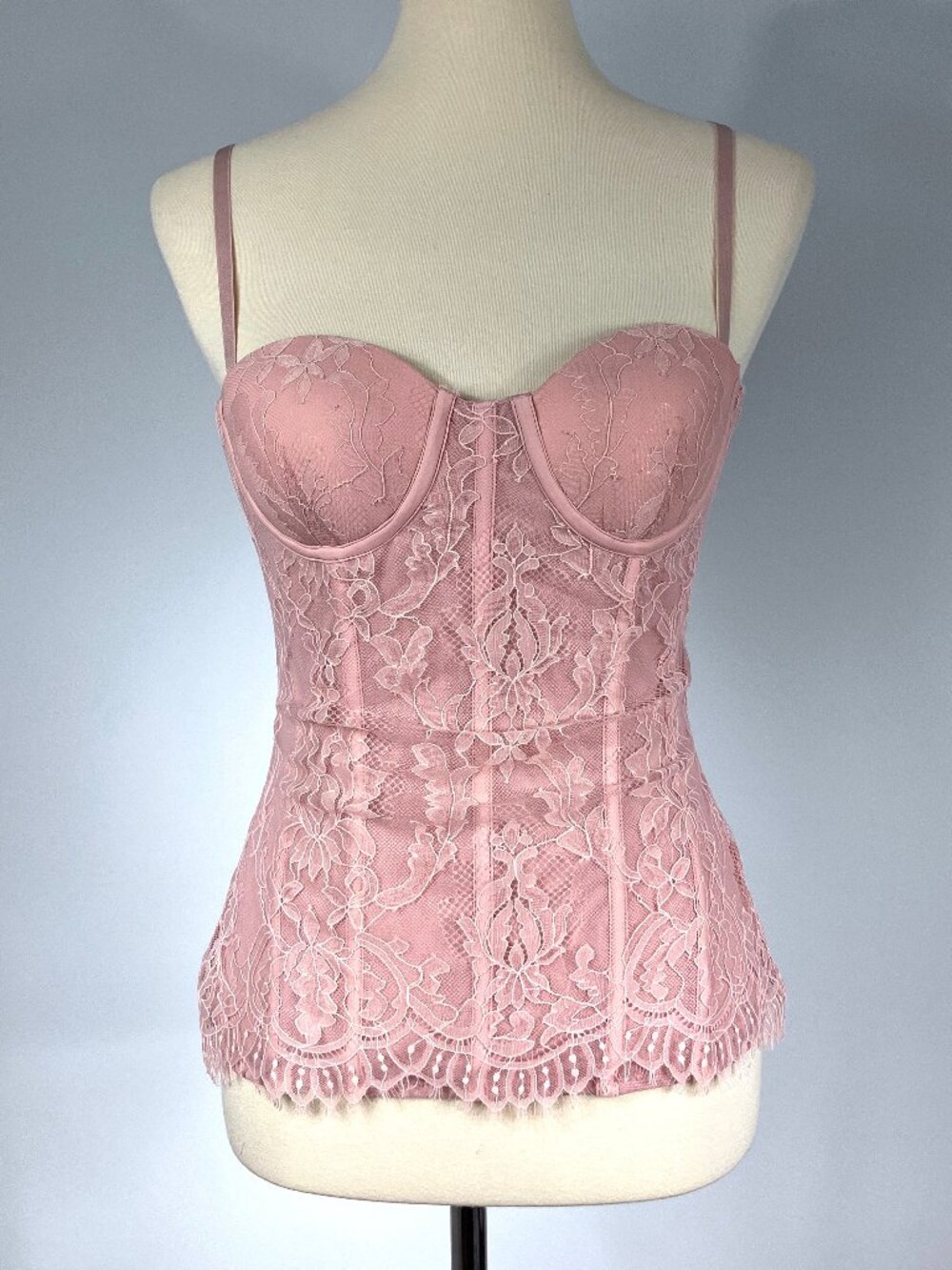 LDTJ Pink Lace Boned Corset Bustier Top Medium Large Strapless Lingerie Zip